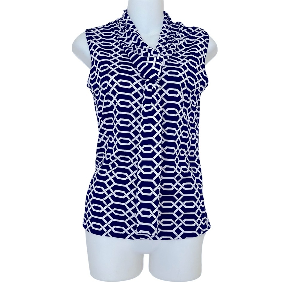 JM FLEURETTE SLEEVELESS BLUE AND WHITE TOP BLOUSE KNOT NECK SIZE MEDIUM